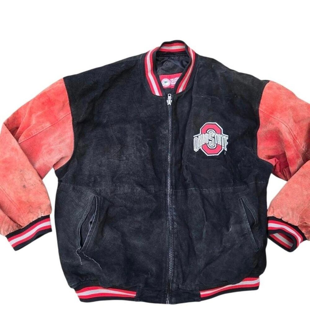 Ohio‎ State Buckeyes black & red varsity jacket suede mens size XL. flaws. dirty